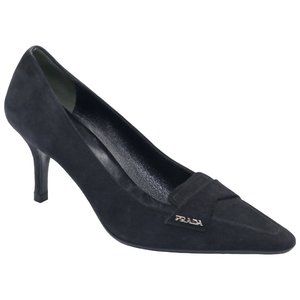 PRADA Black Suede Heels - Flawless Condition - Prada Logo Pin! Made in Italy